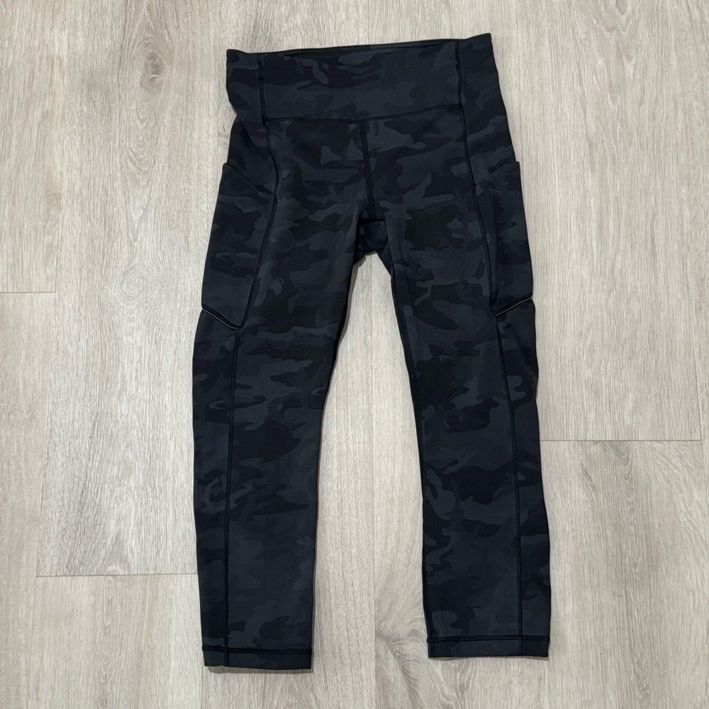 lululemon black grey lace rival incognito camo cropped leggings pants pockets